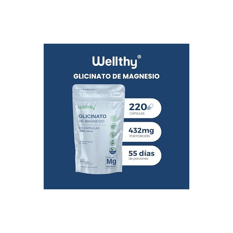 Wellthy Glicinato de Magnesio 220 Cápsulas 432mg. 100 Natural, Alta