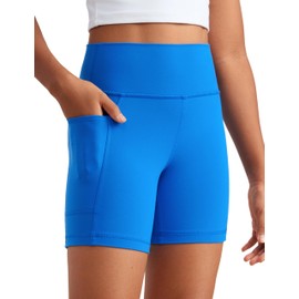CRZ YOGA Girls Butterluxe Athletic High Waist Biker Shorts with Pockets - Lounge Active Dance Yoga Running Shorts Kids Teen Sparkle Blue Large