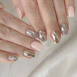 Acrylic Press on Nails Short Square Fake Nails Light Pink Nail Press ons with Silver Glitter Sequins Designs Gold Glue on Nails Glossy Manicure Style Artificial Nails 24Pcs for Girls Women