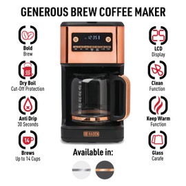 Haden Generous Brew 14 Cup Coffee Maker with 120 Minute Keep Warm, Delay Brew, Adjustable Strength, Programmable Clock, and Anti Drip, Black/Copper