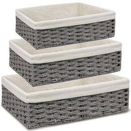 3PCS Handmade Storage Baskets, Wicker Storage Basket Set, Over Toilet Paper Reserve Baskets, Boho Decorative Home Storage Bins, Organizing Basket for Closet, Bedroom, Bathroom, Entryway, Office(grey)