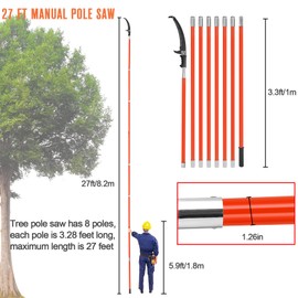 Pole Saws for Tree Trimming, 7.3-27 ft Manual Pole Saw Extendable Tree Trimmer, Long Branch Trimmer Tree Pole Pruner Saw Blades and Scissors Set for Pruning Palms and Shrubs (Red)