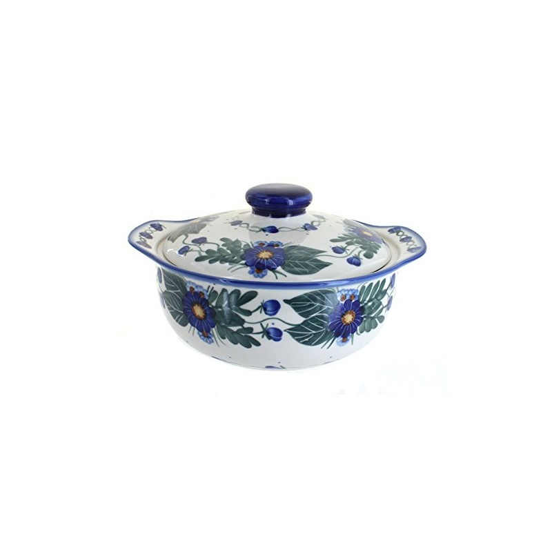 Blue Rose Polish Pottery Forget Me Not Round Covered Baker