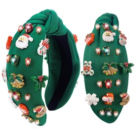 Christmas Headband for Women Knotted Headband with Crystals and Santa Bells Snowflake Candy Holiday Knot Hair Christmas Accessories for Women as Christmas Decorations Gifts (Green, Santa Claus)