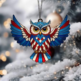 Patriotic Owl Christmas Ornament – Acrylic Hanging Decoration – Stained Glass Style Bird Tree Decor for 4th of July or Holiday – American Flag Colors Eagle Owl Gift for USA Lovers (Sun-28)