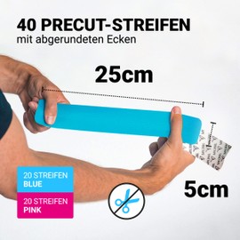 TRUETAPE® Basic Kinesiotapes Pre-Cut Tape Duo Pack Kinesiology Tape Waterproof & Elastic Skin-Friendly 2 x 20 Precut Strips 25 cm x 5 cm Pink & Blue