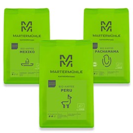 Martermühle Organic Coffee Beans Tasting Set 3 x 250 g Mild/Medium Strength I Arabica I Whole Organic Coffee Beans Gently Roasted, Low Acid (68/74/426)