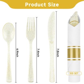100 Pack Pre Rolled Gold Plastic Silverware Set, Heavy Duty Disposable Plastic Cutlery with 100 Forks, Knives, Spoons and Napkins, Glitter Cutlery Set for Parties, Weddings, Events (100 Guests)