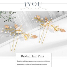 IYOU Pearl Wedding Hair Pins Flower Gold Headpiece Leaf Bridal Bridesmaids for Women Girl Communion Prom(Pack of 2)
