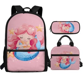 Dreaweet Mermaid Backpack for Girls Age 6-8 with Lunchbox Cute Pink Bookbag with Lunch Box and Pencil Case 3 in 1 Elementary School Bag Set 1st Grade/2nd Grade Book Bag Lunch Bag Combo