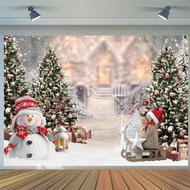 2.1 x 1.5 m Photo Background Christmas Winter Wonderland Snowman Christmas Tree Snowflake White Photography Background Family Holiday New Year Birthday Party Decorations Banner Photo Wall Props