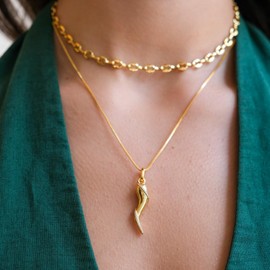 Aurelia Mae Rhodium Plated Medium Cornicello Italian Horn Pepper Necklace Charm Pendant 18''+2'', Brass, Cubic Zirconia