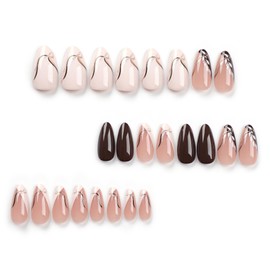 MERVF Almond Press on Nails Medium Fall Fake Nails Brown Stiletto Acrylic Nails Press ons with Leaf Design French Tip Glue on Nails 24pcs Glossy