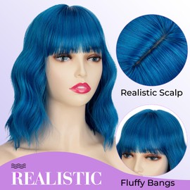 Sleekcute Bob Wig with Bangs 14 Inch Blue Short Wavy Color Wigs for Women Synthetic Heat Resistant Bob Wigs For Women Daily Party Use(14 Inch Blue)