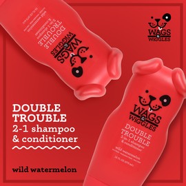 Wags & Wiggles Double Trouble 2-in-1 Dog Shampoo & Conditioner, Fruity Watermelon Scent - Cleansing and Nourishing Shampoo and Conditioner for Dogs, 16 Fl Oz