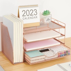 OPNICE Desk Organizers and Accessories, 4-Tier Paper Letter Tray Organizer with Removable File Holder + Drawer, Office Desktop Workspace File Organizer for Office Supplies Desk Accessories (Rose Gold)