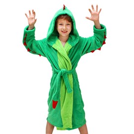 lontakids Kids Boys Dinosaur Flannel Hooded Bathrobe Soft Animal Sleepwear Robe (Green, Small/5-6X)
