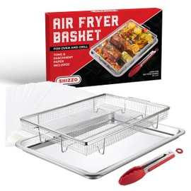 Shizzo Air Fryer Basket for Oven– Large Stainless Steel Air Fryer Tray and Pan Set with 50 Parchment Papers & Food Tongs – Oven Air Fryer Basket for Baking, Grilling, Crisping - Kitchen Gift For Mom
