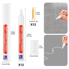 Sinofort Grout Pen White,12PCS Tile Pen for Tiles Bathroom,Marker with Replacement Nib, Tiles Grout Pen,for Restoring Tile Grout Wall Floor Bathroom Kitchen and Floor Tiles