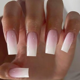 24pcs Ombre Press on Nails - Long Coffin False Nails with Glue - Pink White Square Stick on nails - Strong Gradient Fake Nails - Stick on nails French Tip Full Cover Long Lasting