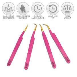 SIVOTE Pinzas De Pestañas Con Punta De Fibra Para Extensiones De Pestañas Con Agarre De Diamante, Juego De 4, Rosa