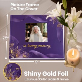 Elegant Funeral Guest Book - in Loving Memory Guestbook with Photo Slot - 330 Entries Memorial Guest Sign in Book for Funeral Service, 9"x7.5", Purple
