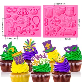 Whaline 2Pcs Mardi Gras Fondant Molds Masquerade Mask Fleur-De-Lis Crown Feather Mask Pattern 3D Silicone Mould Carnival Cupcake Cookie Decorating Baking Molds for Mardi Gras Party DIY Craft Candy