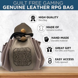 Guilt Free Gaming Genuine Leather RPG Bag | Foil Stamped | Holds 70 Dice | Great for Coins | Timeless Style | Great for DMs and Players