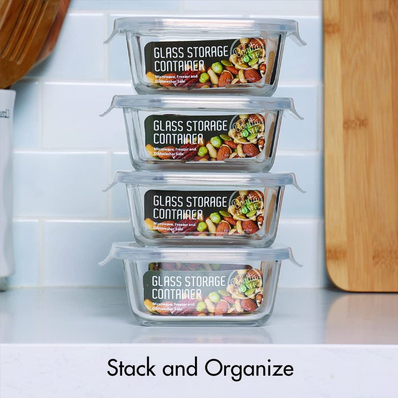 Bonita Home Square Glass Storage Container, Stackable BPA Free Airtight