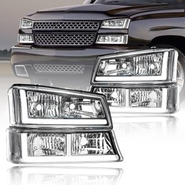 Fullux LED DRL Headlights Assembly fit 2003-2006 Chevy Silverado & Avalanche 1500 2500 without Factory Cladding Replacements Headlamp Clear Reflector Chrome Housing
