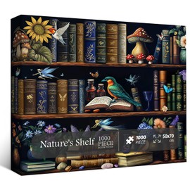 Magic Bookshelf Puzzles for Adults 1000 Pieces, Retro Book Flower Mushroom Jigsaw Puzzles, Nature Library Bookshelf Floral Puzzle as Home Decor