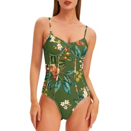 Women One Piece Swimsuit with Cover Up Sarong Wrap Bathing Suits for Women Floral Print Swim Suits with Cover Up Set Slimming 1 Piece Swimwear Dark Green Floral Large