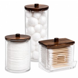 Kaizuca 3 Pack Cotton Pad Holder, Acrylic Cotton Ball Holders with Wooden Lid, Cotton Swab Box, Cosmetic Storage Dispenser for Bathroom Accessories