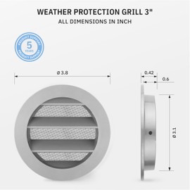 calimaero® WSGG 3" Inch Gray Round Metal Air Vent Grill Cover Flat Louver with Fly Screen Fits Only with Metal Ducts