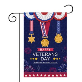 Happy Veterans Day Garden Flag Blue 12×18 Inch Double Sided Burlap Patriotic Flag for Memorial Day, Fourth of July, Veterans Day Decorations