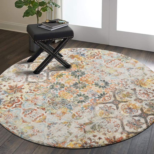 Lahome Floral Medallion Collection Round Area Rug - 3' Diameter Non-Slip Distressed Vintage Area Rug Accent Throw Rugs Floor Carpet for Door Mat Entryway Living Room Bedrooms (3' Diameter, Multicolor)