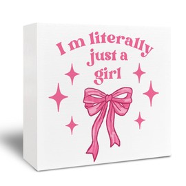 Kneaotoaji Coquette Bow Wooden Sign - Trendy Room Decor, Preppy Coquette Bow Decor, Pink Bow I Am Literally Just a Girl Wooden Box Sign for Shelf Desk Table 5x5 Inch