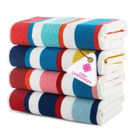 CASA COPENHAGEN Bora Bora Beach Towels Designed in Denmark Rough and Tough, Quick Dry, for Pool, Bath & Shower 30x60 inches 4 Pieces Cotton Beach Bath Towels Set - Pink, Red, Yellow, Turquoise