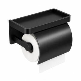 Toilet Paper Holder for Bathroom - Self-Adhesive Ventilated Wall Mount with Splash Baffle, Rust-Resistant Design in Black