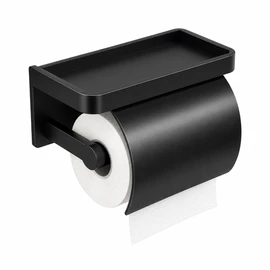 Toilet Paper Holder for Bathroom - Self-Adhesive Ventilated Wall Mount with Splash Baffle, Rust-Resistant Design in Black
