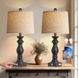 24.5" Table Lamp Set of 2, Rustic Farmhouse Bedside Lamps with USB A+C Charging Ports, 3-Way Dimmable Touch Control Nightstand Lamps for Living Room Bedroom, Antique Black, LED Bulbs Included