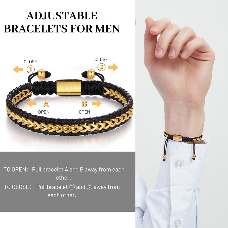 WP WEPICK Mens Bracelet Leather 18K Gold Plated Braided Cuff