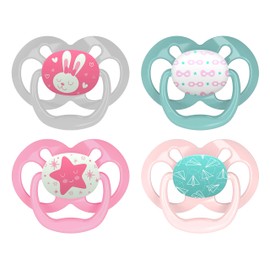 Dr. Brown's Advantage Glow-in-the-Dark Baby Pacifier, Fully Symmetrical Soother with Soft Silicone Bulb, 6-18m, BPA Free, Scooter Squirrel and Purple Nature, 4 Pack (Style May Vary)
