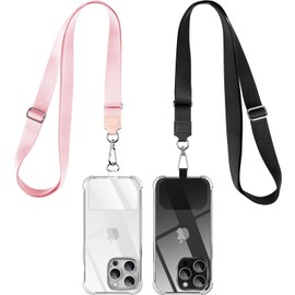 caslord Phone Lanyard, 2 Pack Adjustable Phone Strap Crossbody with Durable Patches, Universal Phone Neck Strap Compatible with Most Smartphones and Cases - Black and Pink