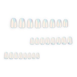 White Chrome Press on Nails Medium Almond Fake Nails with Design Ice Iridescent Stiletto Acrylic Nails Aurora Mirror Effect Glue on Nails Translucent Pearl Stick on False Nails for Women 24PCS