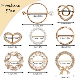 FHUIEWRY 8PCS Pearl Rhinestone Scarf Ring Clips, Glitter T-shirt Ties Clips Elegant Scarves Waist Buckles, Clothes Corner Knotted Button for Women Decorative Accessories(Gold))