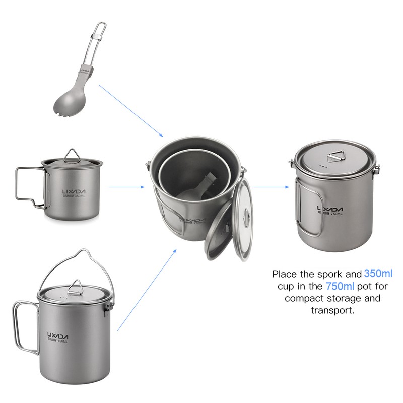 Lixada Lightweight Titanium 3 Pieces Set Titanium 750ml Pot 350ml