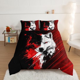 HOSIMA Wolf Queen Comforter for Kids,Animal Bedding with 2 Pillowcases.