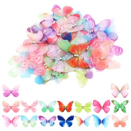 Mini Butterflies for Crafts - 50 pcs Colorful Butterfly Wall Stickers, 3D Butterfly Hair Clips Appliques, Soft Silk DIY Clothing Hat Accessories Butterflies Decals for Fairy Women Room, Party Decor