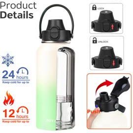 Water Bottle Insulated 32oz 40oz 64oz 128oz Straw Lid Spout Lid & 3 Lids, Leak Proof, Vacuum Insulated,Stainless Steel Water Bottle Wide Mouth for Sports, Gym or Office (Vanilla Green, 32 oz)